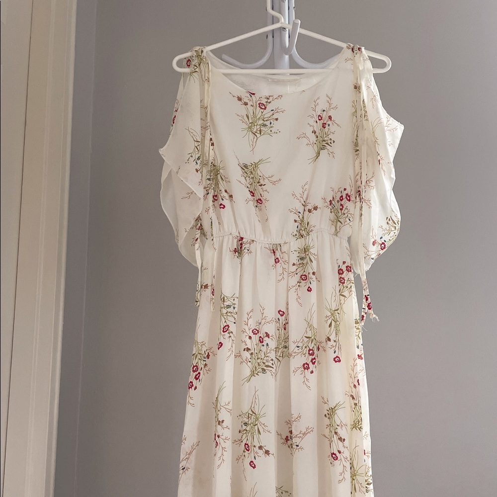 Chiffon floral print slit sleeve dress round neck elegant cute adjustable waist